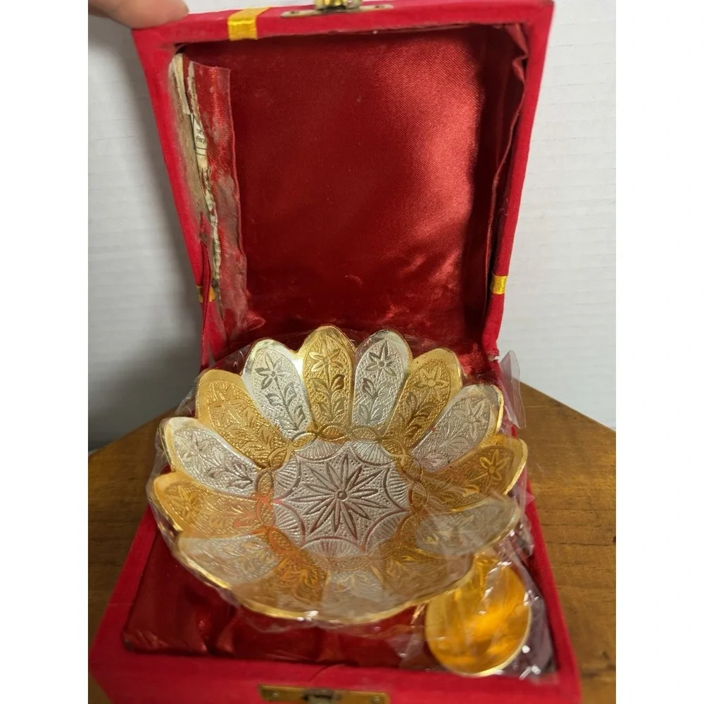 Indian‎ Gold & Silver Plated Bowl with Spoon in box